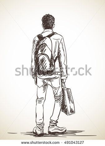 338x470 Sketch Of Standing Man With Shopping Bag Hand Drawn Illustration - Standing Man Drawing