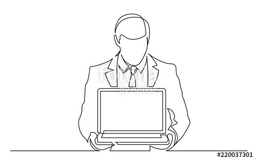 500x313 Continuous Line Drawing Of Standing Man In Suit Showing Laptop - Standing Man Drawing