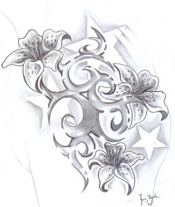 600x710 Star And Flower Tattoo Designs Group With Items - Star Drawing Designs