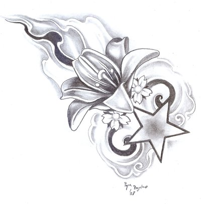 400x407 Star And Flower Tattoo Designs Gallery Images - Star Drawing Tattoo
