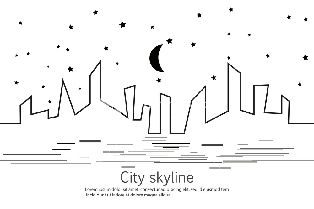 1000x667 Silhouette Of The City And Star And Moon In A Flat Style Modern - Star Line Drawing