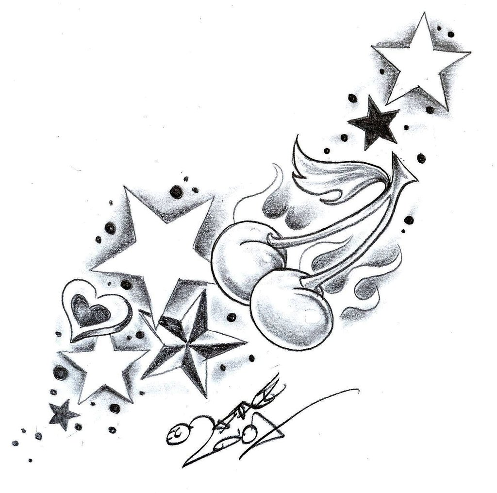 1024x1015 Heart Shaded Stars And Cherry Tattoo Designs Tattoo Ideas - Star Tattoo Drawing