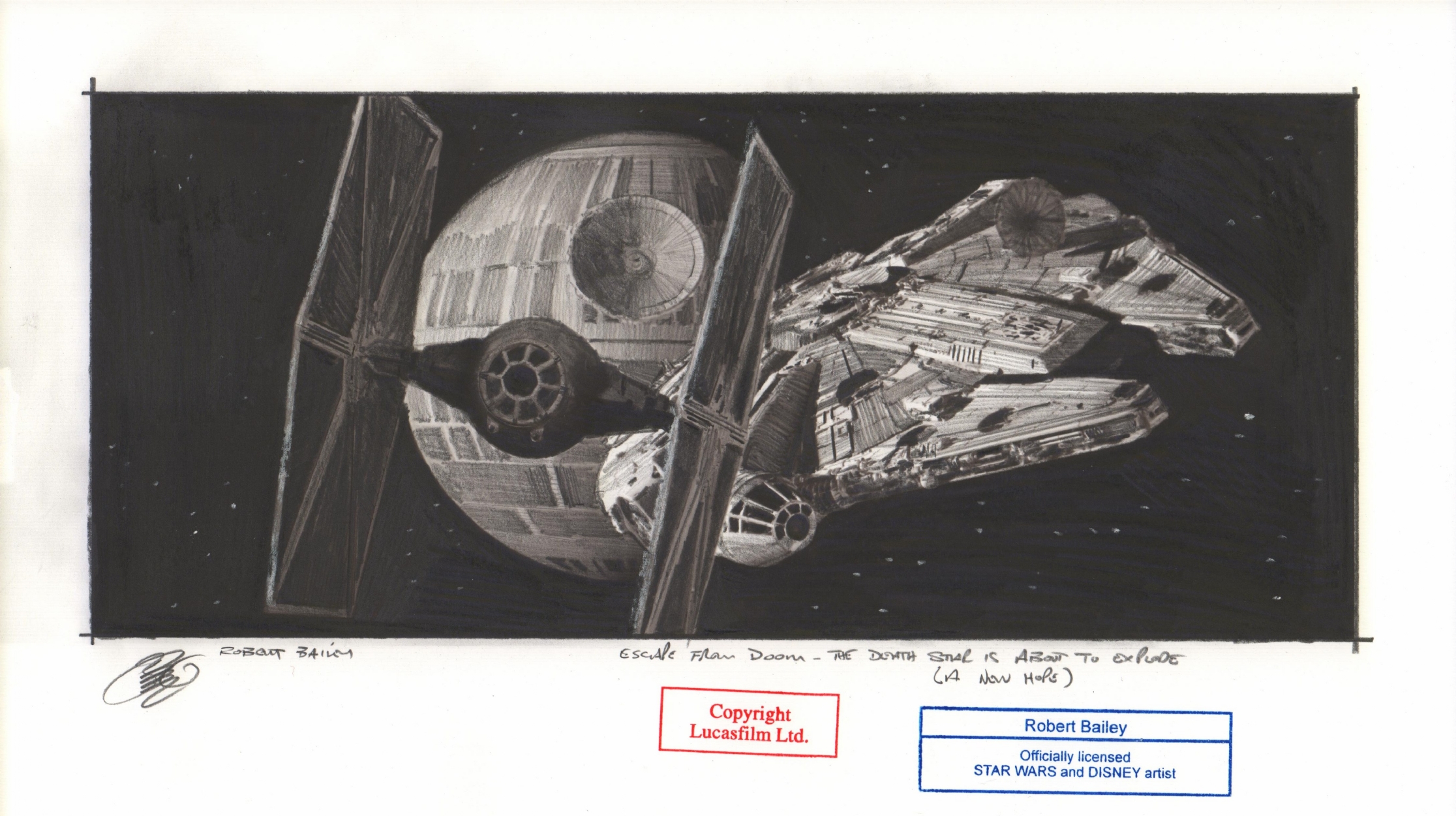 2232x1250 robert bailey drawing of death star, millennium falcon, and tie - Star Wars Tie Fighter Drawing