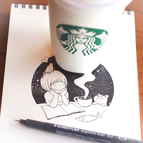 605x605 starbucks cups become drawings bored panda - Starbucks Coffee Drawing