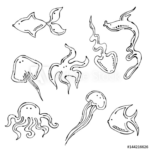 500x500 Set Of Vector Black And White Illustration Of Sea Animals Fish - Starfish Line Drawing
