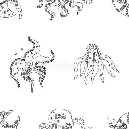 500x500 Vector Hand Drawn Black And White Seamless Pattern, Illustration - Starfish Line Drawing