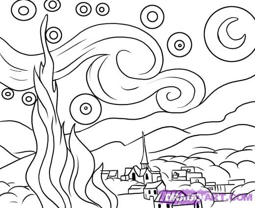 520x424 learn how to draw starry night, art, pop culture, free step - Starry Night Drawing