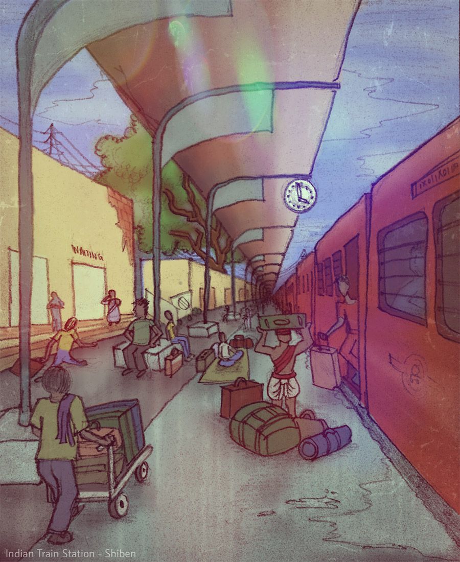 900x1100 indian railway station drawn on paper colored - Station Drawing