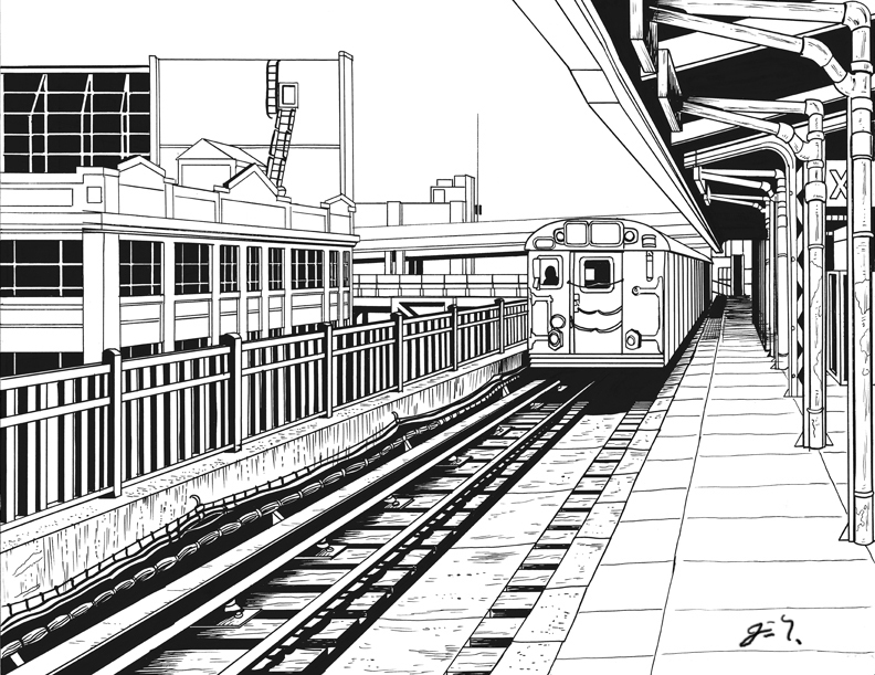 792x611 train drawing train station for free download - Station Drawing