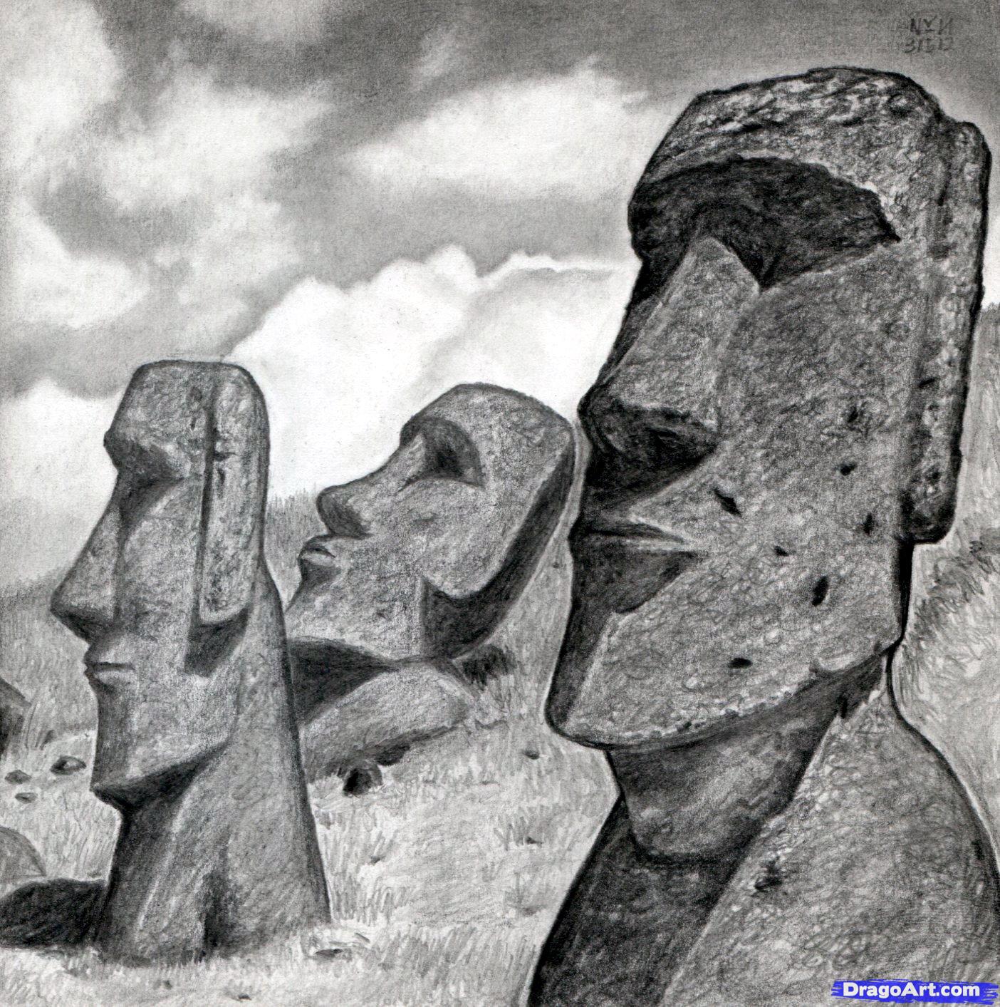 1404x1413 How To Draw Easter Island Heads, Moai Statues, Step - Statue Drawing