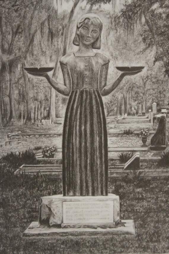 570x855 The Bird Girl Pencil Drawing Statue In Bonaventure Cemetery Etsy - Statue Drawing