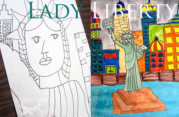 588x386 lady liberty with watercolor or newspaper deep space sparkle - Statue Of Liberty Drawing For Kids