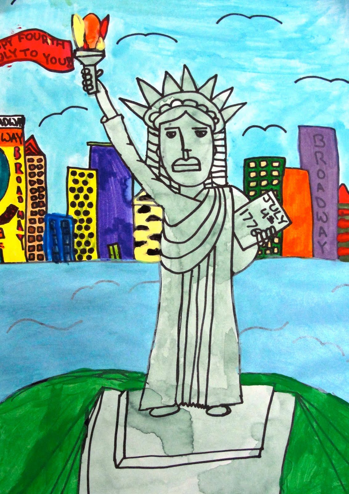 1132x1600 lady liberty with watercolor or newspaper fourth grade art - Statue Of Liberty Drawing For Kids