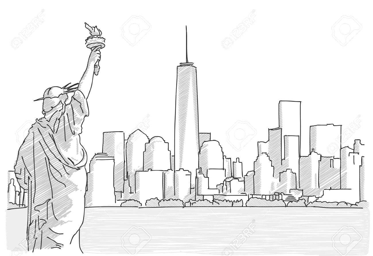 1300x893 Free Hand Sketch Of New York City Skyline With Statue - Statue Of Liberty Line Drawing