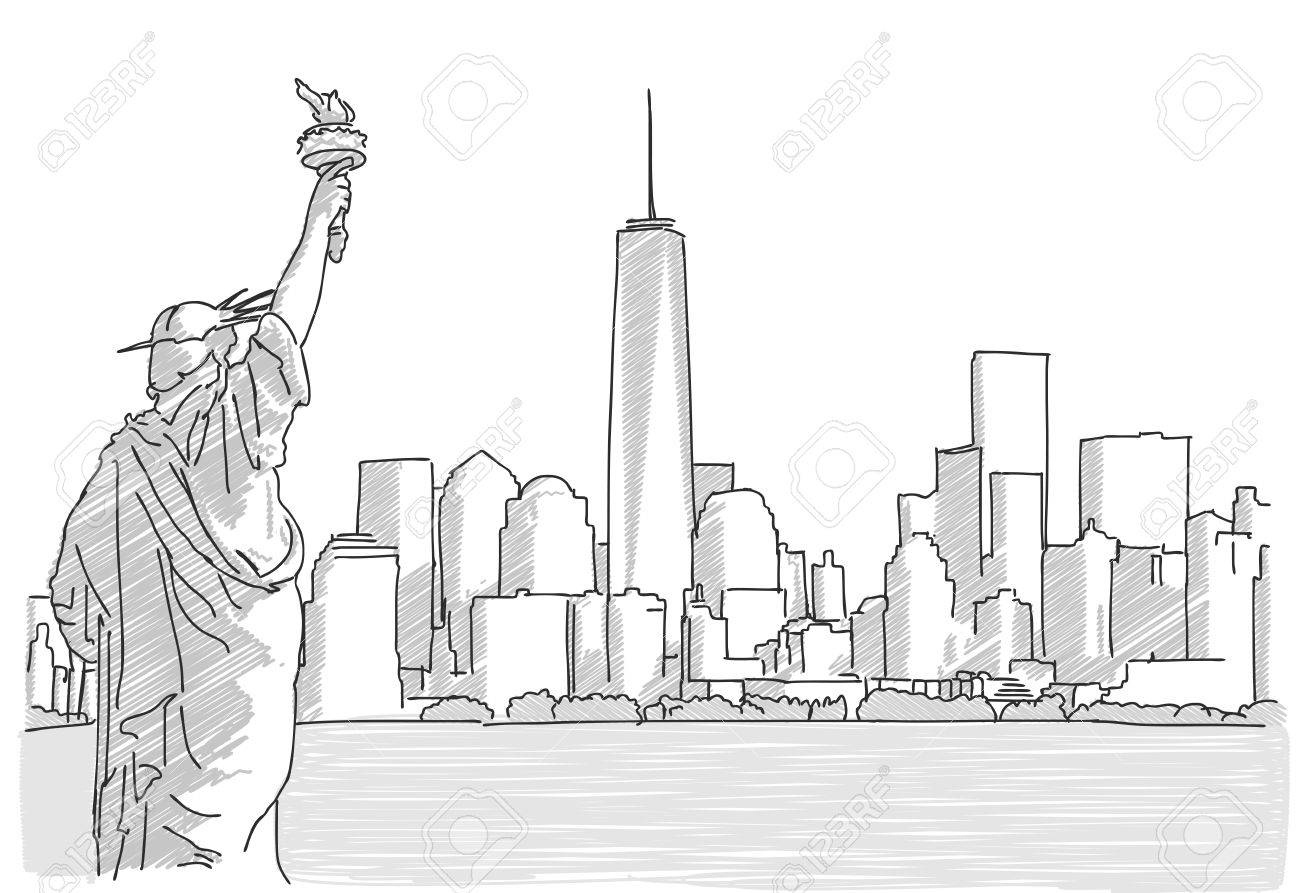 1300x893 New York Skyline Pencil Drawing And Free Hand Sketch Of New York - Statue Of Liberty Pencil Drawing