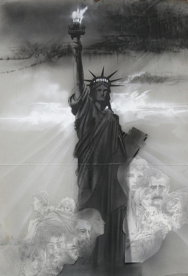 600x882 Yamagata, Statue Of Liberty, Drawing With Collage - Statue Of Liberty Pencil Drawing