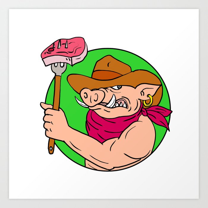 700x700 cowboy hog holding barbecue steak drawing color art print - Steak Drawing