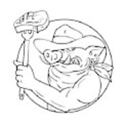 180x180 cowboy wild pig holding barbecue steak drawing black and white - Steak Drawing