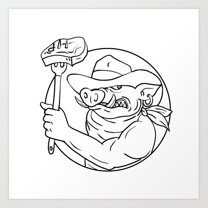 700x700 cowboy wild pig holding barbecue steak drawing black and white art - Steak Drawing