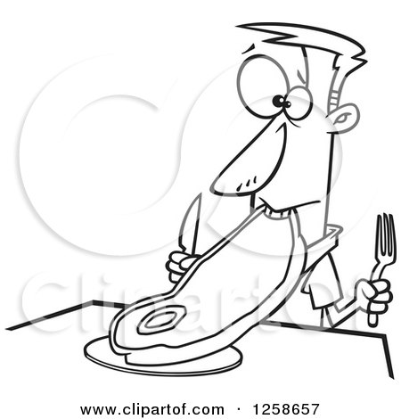 450x470 clipart of a black and white cartoon man trying to eat a giant - Steak Drawing Cartoon