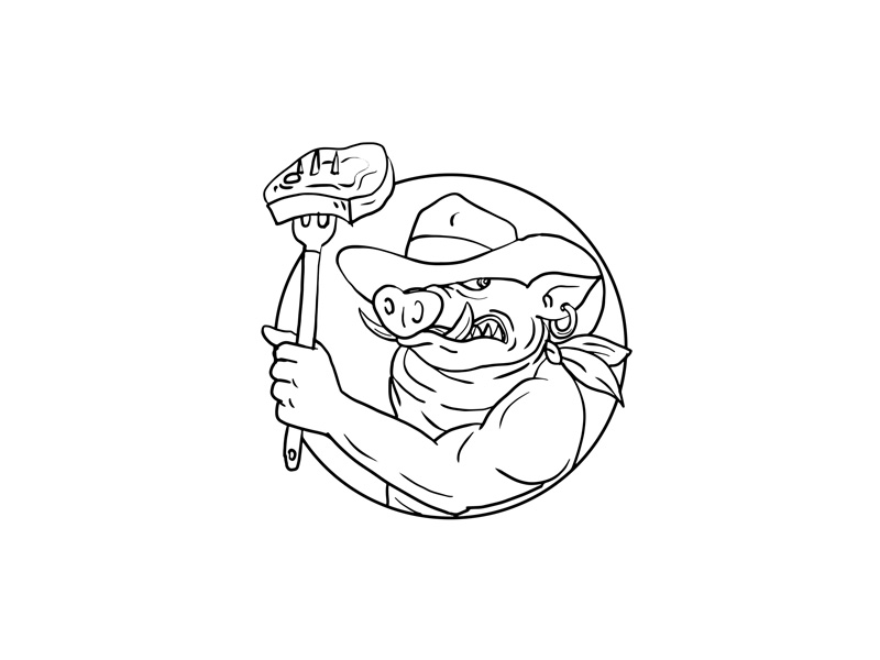 800x600 cowboy wild pig holding barbecue steak drawing black and white - Steak Drawing Cartoon
