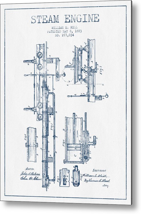494x752 hill steam engine patent drawing from blue ink metal print - Steam Drawing
