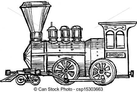 450x302 Vintage Steam Train Hand Drawn, Sketch, Cartoon Illustration - Steam Train Line Drawing
