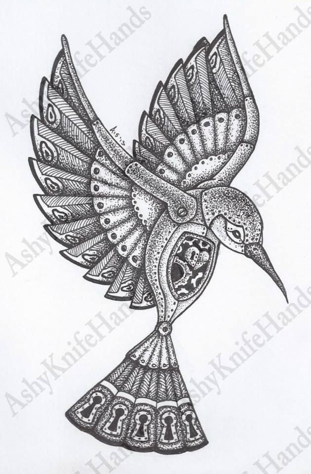 630x960 Original Mechanical Bird Illustration - Steampunk Bird Drawing