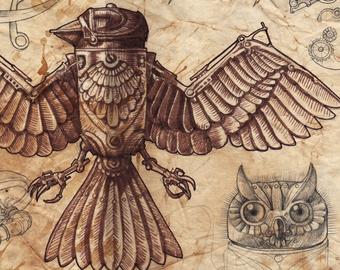 340x270 Sandra Arteaga On Etsy - Steampunk Bird Drawing