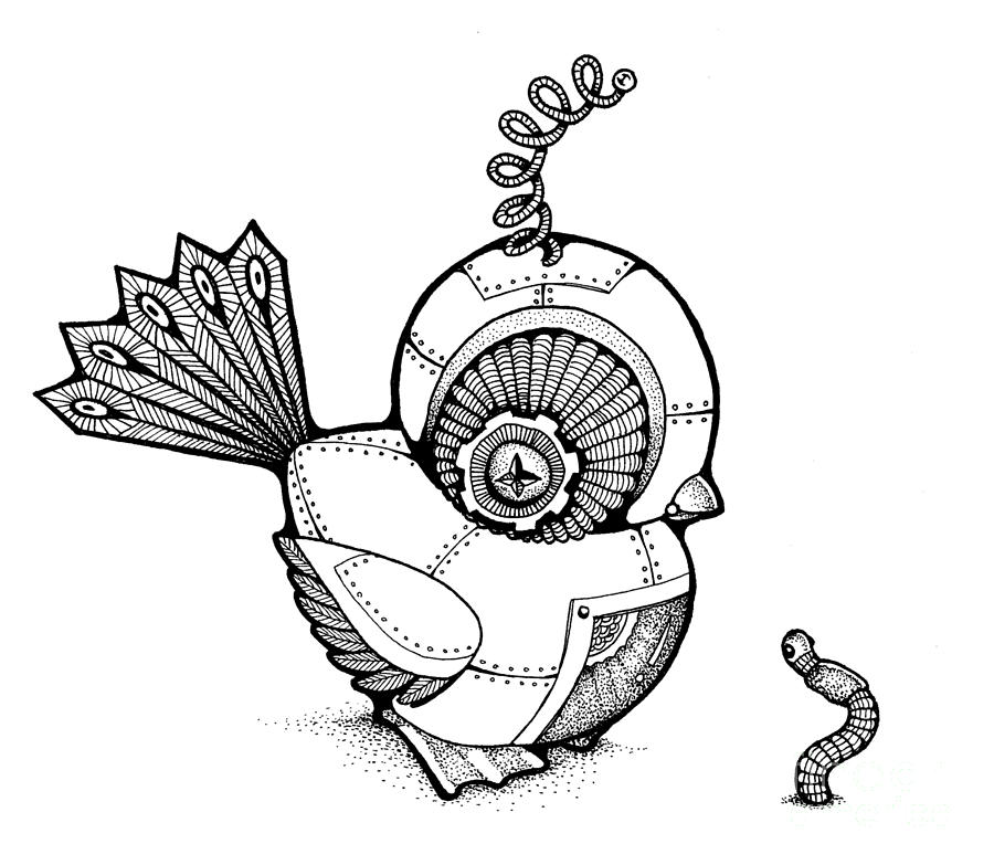 900x783 The Early Worm Catches The Bird Drawing - Steampunk Bird Drawing