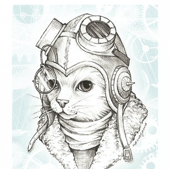 570x570 steampunk cat with goggles and gears - Steampunk Cat Drawing