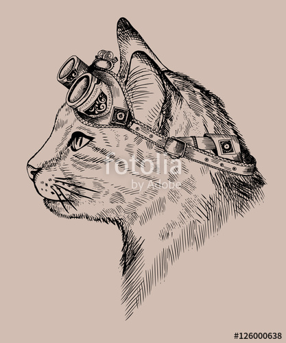 417x500 portrait steampunk cat with retro glasses, in etching style - Steampunk Cat Drawing