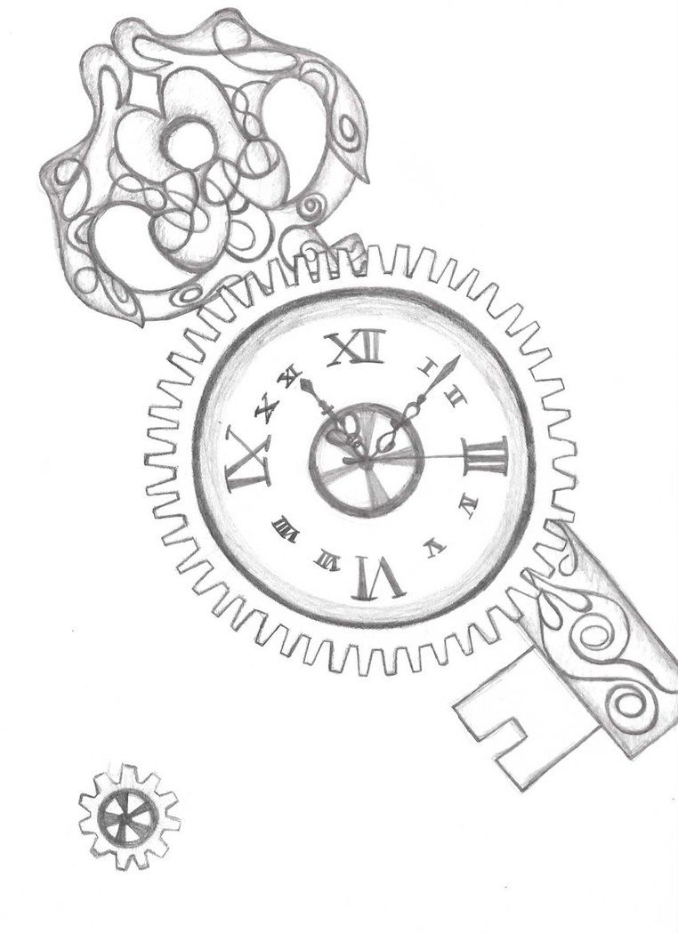 762x1049 Steampunk Clock And Key - Steampunk Clock Drawing