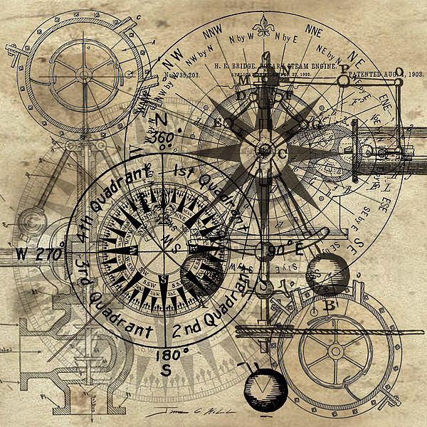 600x600 Kompasstudie Ocean Steampunk Drawing, Map Art, Compass Drawing - Steampunk Compass Drawing