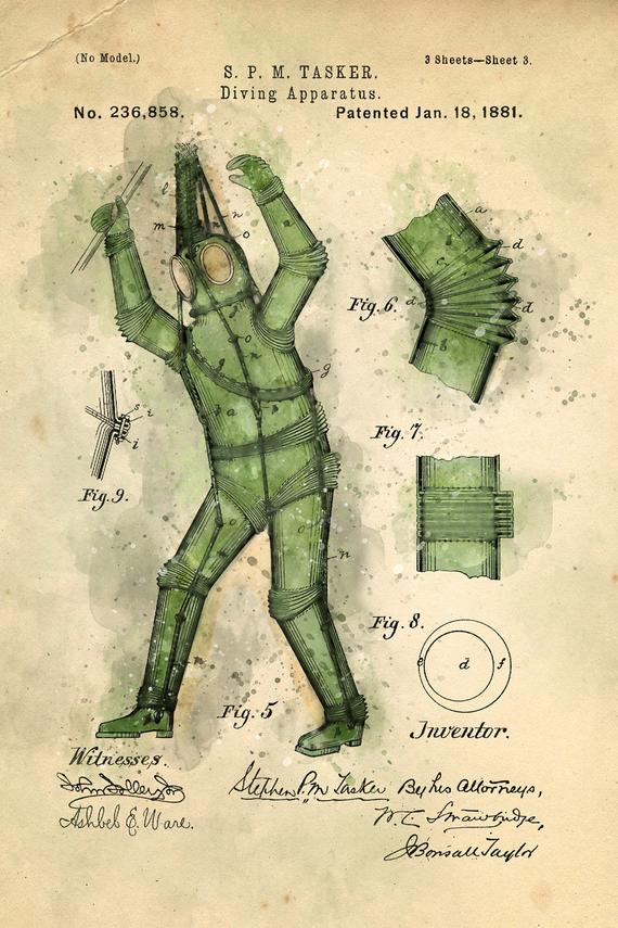 570x855 patent drawing print diving suit vintage invention print etsy - Steampunk Drawing Ideas