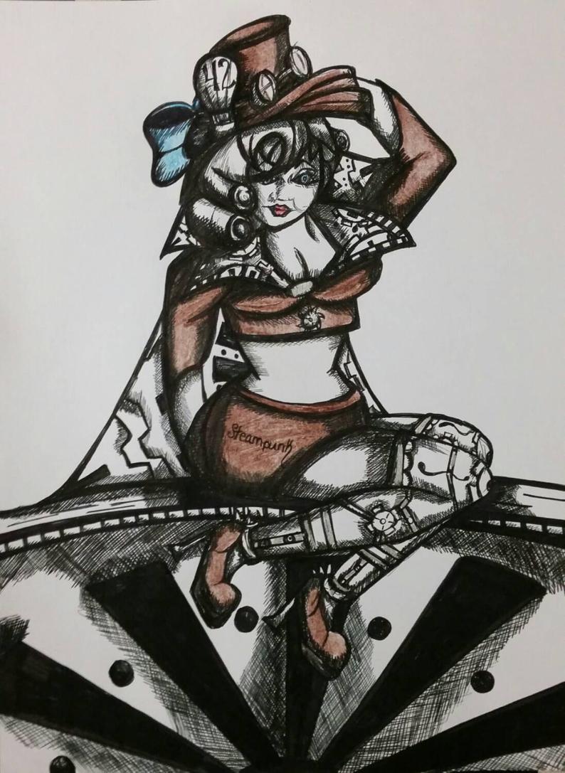 794x1087 Steampunk Pin Up Girl Drawing Etsy - Steampunk Girl Drawing