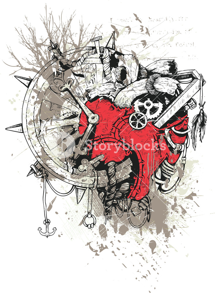 735x1000 Grunge Vector T Shirt Design With Steampunk Heart Royalty Free - Steampunk Heart Drawing