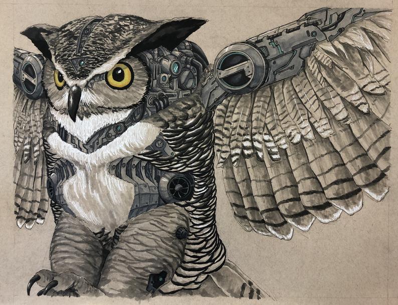 794x607 Biomechanical Steampunk Owl Robot Etsy - Steampunk Owl Drawing