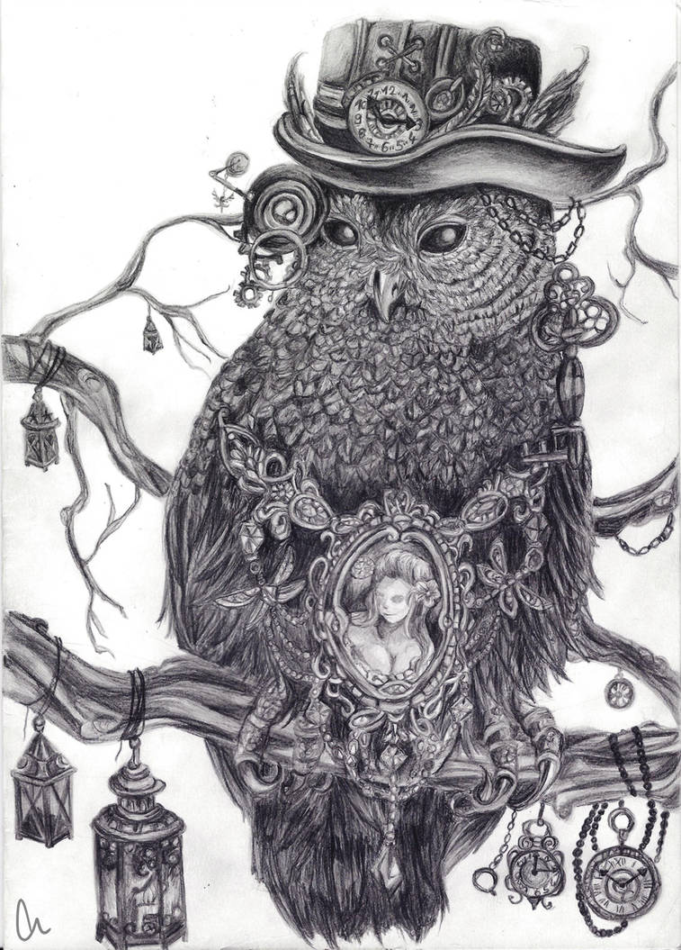 757x1055 Drawing - Steampunk Owl Drawing