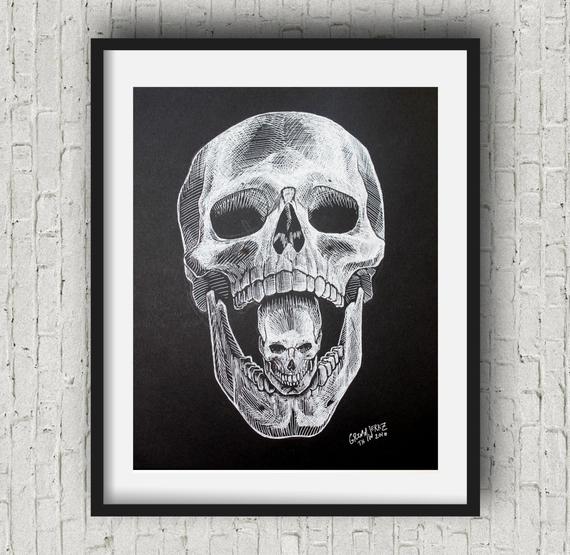 570x555 Black White Skull Print Steampunk Skull Gothic Home Decor Etsy - Steampunk Skull Drawing