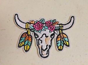 300x223 steer skull w feathers flowers x iron on patch - Steer Skull Drawing