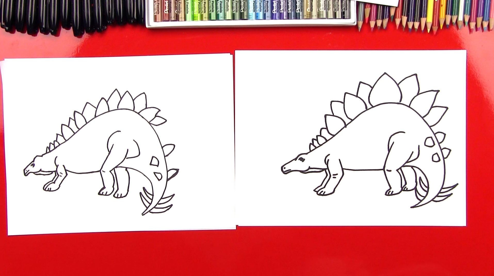 Рисуем Стегозавра поэтапно мелками для детей 4-5 лет