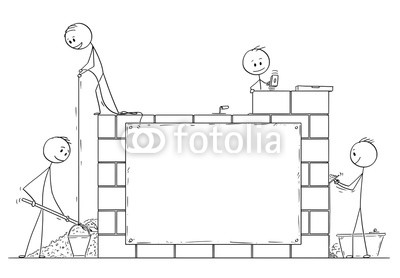 400x278 Cartoon Stick Drawing Conceptual Illustration Of Group Of Masons - Stick Drawing House