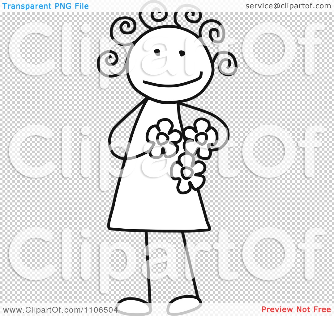 1080x1024 Clipart Black And White Stick Drawing Of A Happy Girl Holding - Stick Girl Drawing