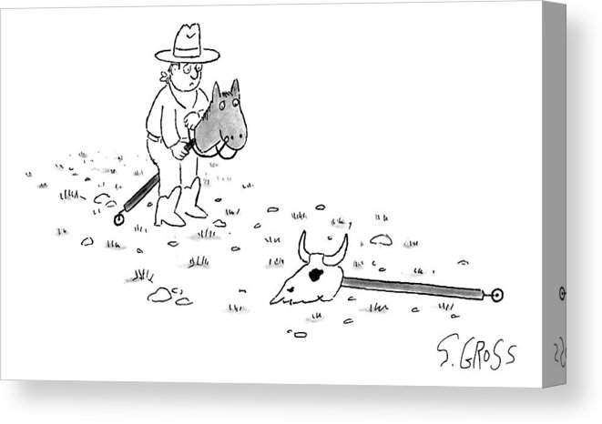 661x466 A Boy Dressed As A Cowboy Riding A Stick Horse Canvas Print - Stick Horse Drawing