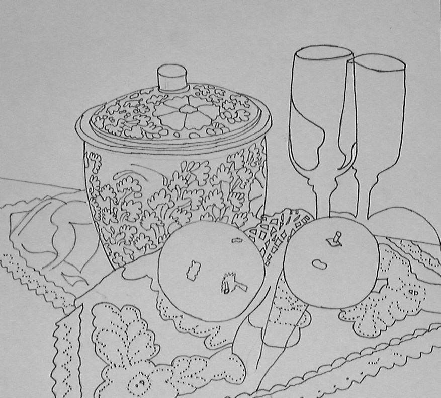 877x790 watercolor still life painting demo step - Still Life Line Drawing