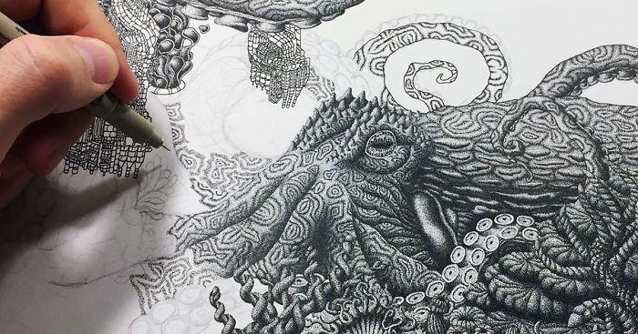 700x367 millions of dots form intricate pen drawings to raise - Stippled Drawing
