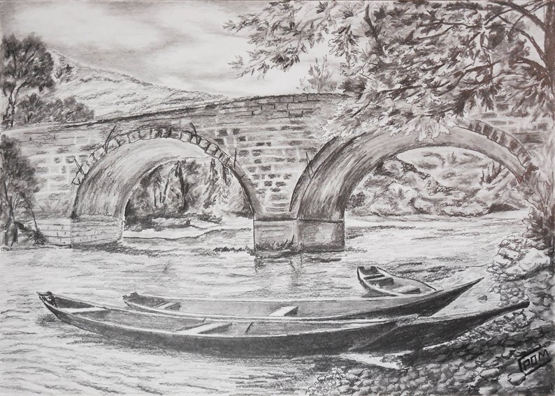 794x567 original handmade graphite pencil drawing boats on river stone etsy - Stone Bridge Drawing