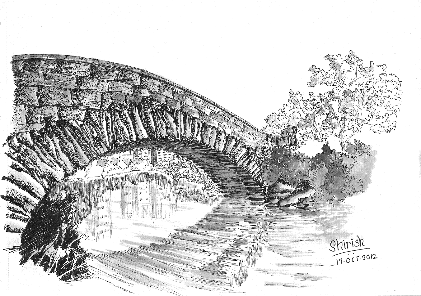 1353x954 Bridge Drawing Waterfall For Free Download - Stone Bridge Drawing