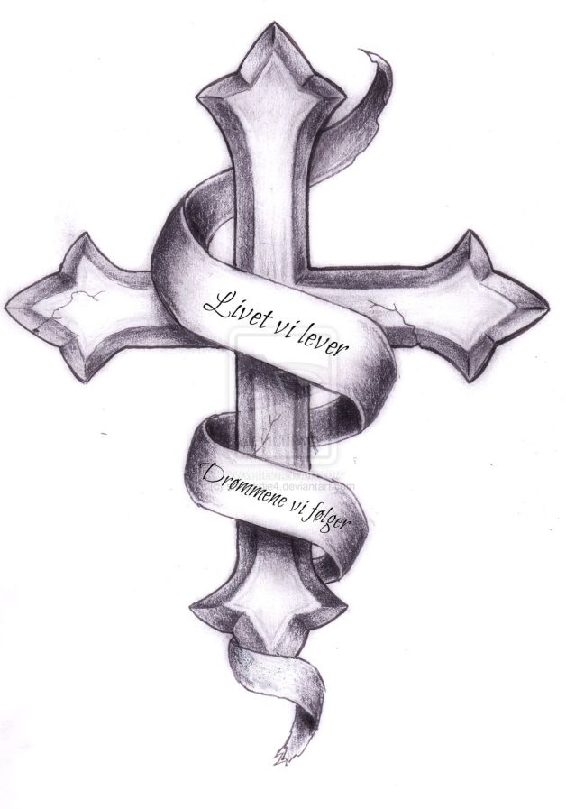 628x897 ribbon around stone cross tattoo design photo - Stone Cross Drawing
